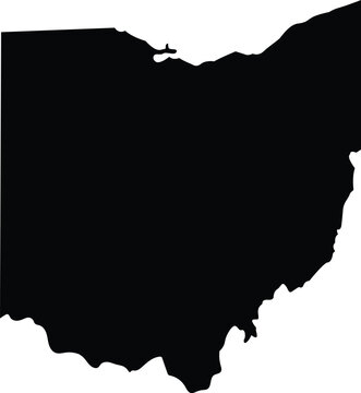 Black Ohio state map silhouette vector illustration featuring a solid shape of the OH border isolated on white for Buckeye state pride designs, regional geography icons, and Midwest travel graphics.