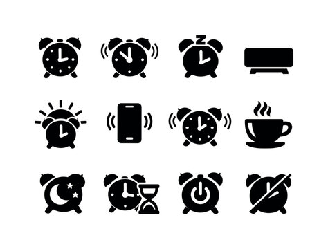 Alarm Clock Icons. Alarm Clock Set. Solid icon set of Alarm Clock Set: classic alarm clock, ringing bell alarm, snooze button, bedside clock, wake up sun,
