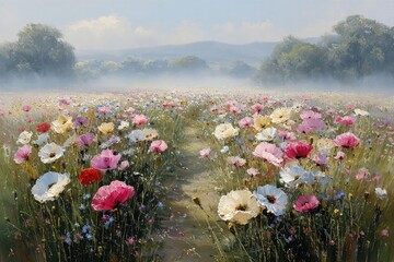 Colorful Meadow With Flowers In Soft Light