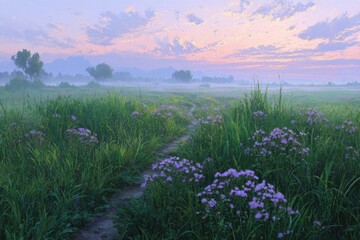 Misty Field At Sunrise With Purple Flowers