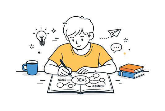 Mind Mapping Focus. Self education scene. A person writing or drawing mind maps and ideas on a notebook with a focused expression. Creative thinking and