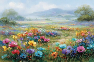 Colorful Wildflower Meadow Landscape Painting