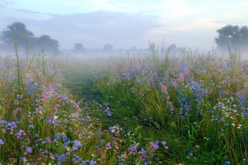 Field Of Colorful Wildflowers In Misty Morning Light