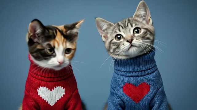 Two adorable kittens wearing cozy knitted sweaters with heart patterns, calico and tabby cats in red and blue turtlenecks on a blue background