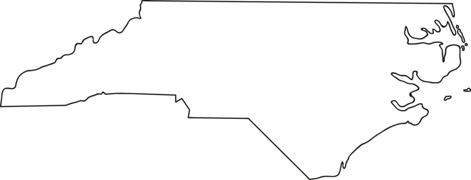North Carolina state map outline vector illustration featuring a clean black border of the NC territory isolated on white for geography education, travel guides, and southern regional designs.