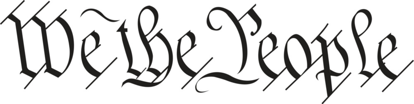 "We The People" calligraphy vector illustration featuring classic black gothic lettering from the US Constitution preamble isolated on white for history education, patriotic designs, and legal art.
