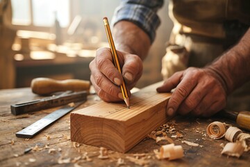 A skilled carpenter uses a sharp pencil to carefully mark a measurement on a piece of light-colored wood. 