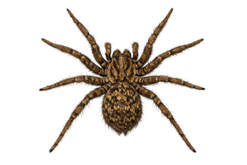 Obraz premium Wolf spider displaying its eight legs and patterned brown body, looking up. Image features a transparent background