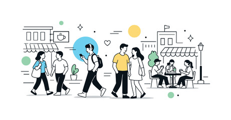 Urban Rhythm Abstraction. City life everyday scene. People walking along a city street with cafes and buildings around, relaxed movement and casual