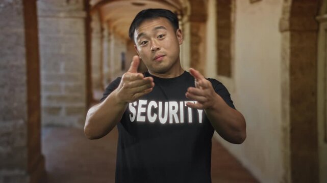 Man wearing black security shirt and pointing finger to camera in old town building corridor; confidence.