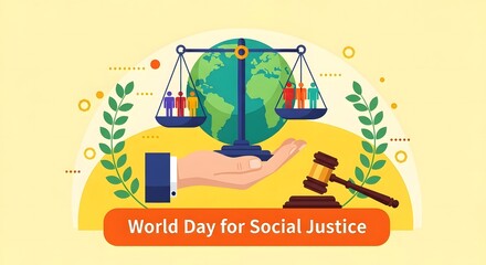 Fototapeta premium Humanitarian hand supporting the globe on scales of justice with gavel and diverse people.