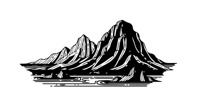 Bold black-and-white illustration of a dramatic mountain range in a hand-drawn or woodcut style