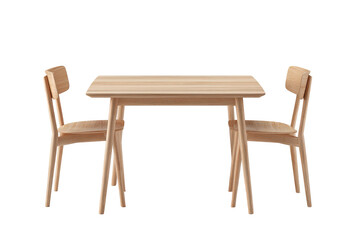 Simple wooden table and two chairs isolated on black background, neutral tones