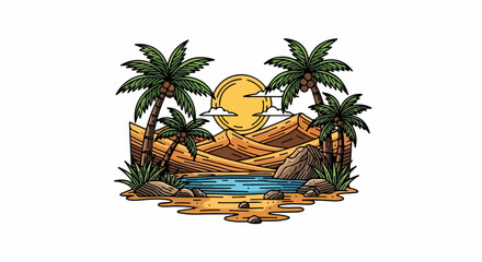 Obraz premium Tropical coastal scene with palm trees and setting sun