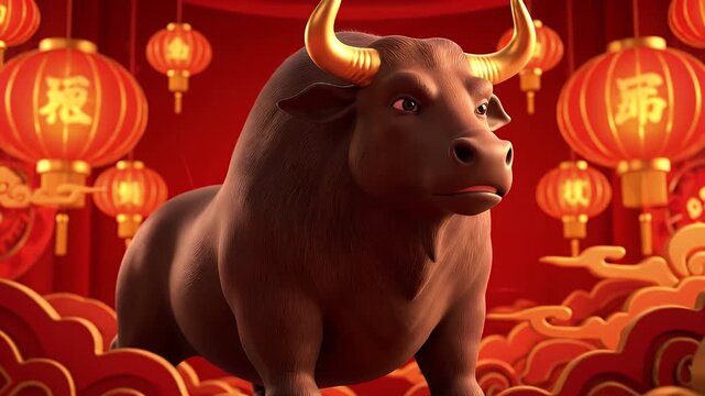 Intricate 3D Animated Chinese Zodiac Ox Reveal Golden Horns New Year Lanterns Auspicious Clouds