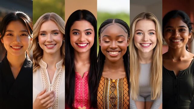 A close-up collage showcasing authentic, multicultural people of different backgrounds and nationalities. Women look into the camera. Happy people from all over the world smile joyfully.