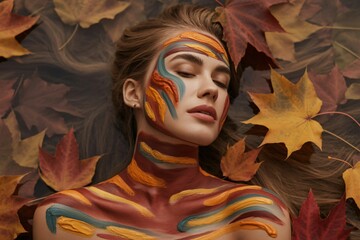 A woman lies peacefully among a bed of fallen autumn leaves, her face and neck decorated with colorful paint strokes