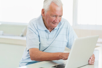 Senior man wearing light blue polo sitting at kitchen counter using silver laptop with white mug © wavebreak3