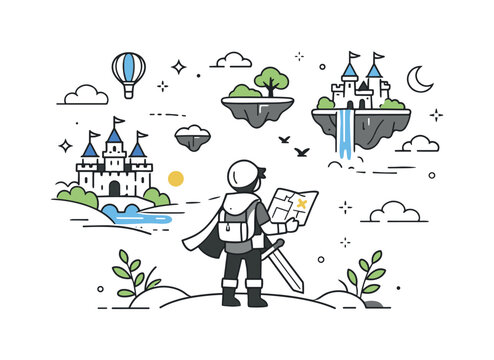Epic Fantasy Odyssey. Fantasy gaming adventure. A player character exploring a magical world with castles and floating islands, holding a sword and map. Sense