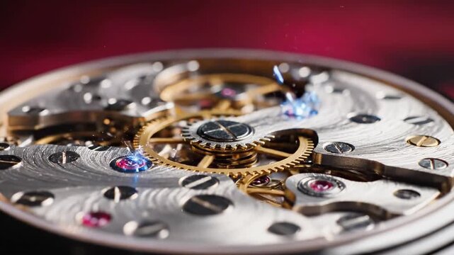 A close-up view of a mechanical watch with sparks flying out from its center