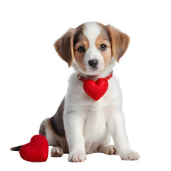 Adorable puppy with valentine heart pendant sitting cutely beside a red heart shaped soft toy