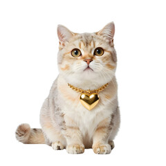A valentine cat with heart-shaped pendant sits elegantly on white showcasing adorable feline affection