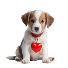 Adorable puppy with valentine heart pendant sitting alone on white floor, looking directly, isolated studio shot with soft focus and shallow depth
