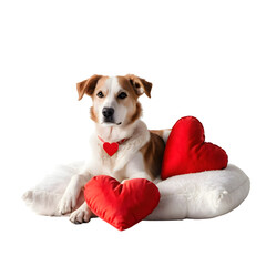 Adorable dog resting on a soft cushion surrounded by red hearts, celebrating valentine love and friendship with a heartwarming expression