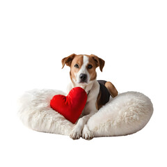 Adorable dog lying on fluffy valentine cushion holding red heart png
