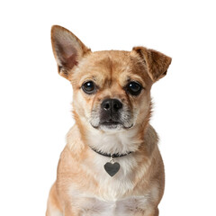 Adorable dog wearing heart-shaped valentine collar tag in a charming studio portrait