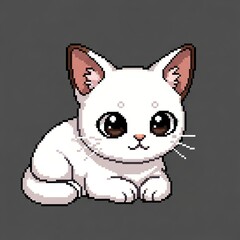 Cute White Pixel Art Cat Sitting on Dark Gray Background