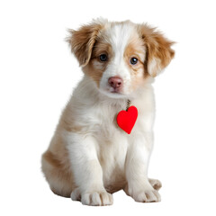 Adorable Australian Shepherd Puppy Wearing a Valentine's Day Heart Pendant on a White Background