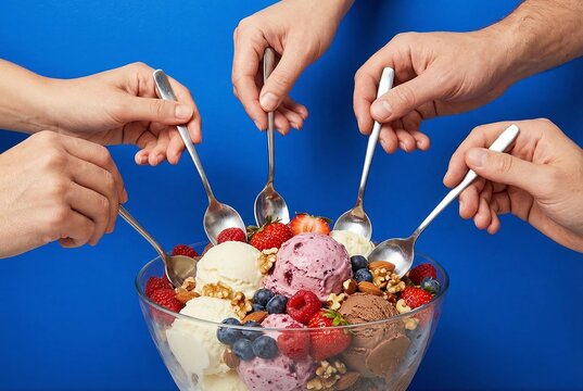 Multiple hands reaching into a large bowl of ice cream with fruit and nuts using spoons