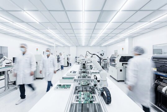 Workers in a clean room operating advanced robotics for electronics manufacturing