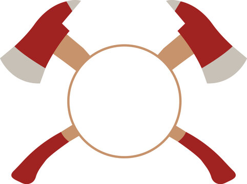 Crossed fireman axes with a blank circle for custom emergency first responder and fire department logo concepts isolated on white background