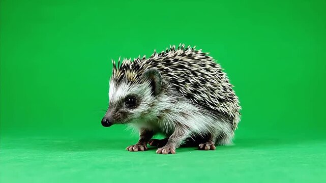 Adorable African Pygmy Hedgehog Sniffing on a Green Screen Background