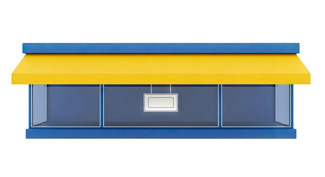Minimalist store facade with blue and yellow awning