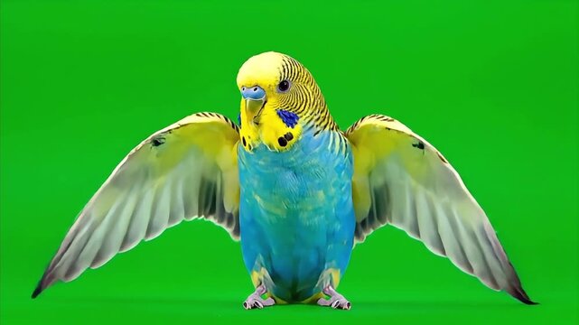 A blue and yellow budgerigar parrot flaps its wings on a green screen background