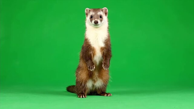 A curious domestic ferret stands up and explores on a green screen background