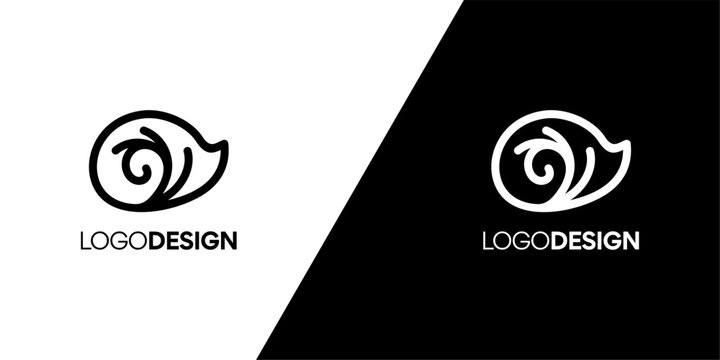 Abstract logo design featuring a stylized eye or snail silhouette with a spiral motif, presented in both black and white versions on contrasting backgrounds for versatile application