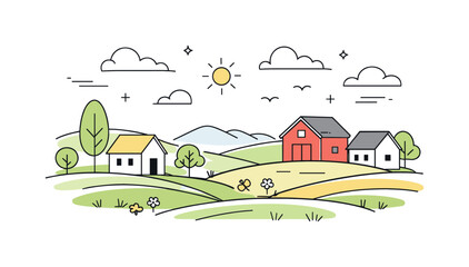 Obraz premium Early Spring Serenity. Early spring rural landscape. Simplified houses, rolling land and light clouds, quiet countryside mood expressing renewal and freshness