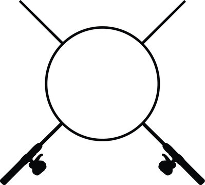 Crossed fishing rods vector frame featuring two black pole silhouettes forming an X behind a white circular copy space for angler club logos, bait shop branding, and outdoor sport badges.