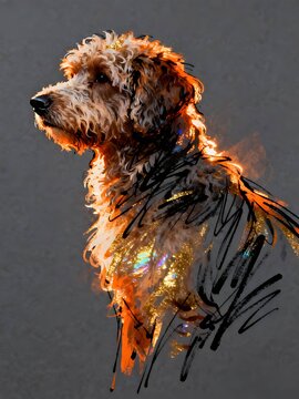 Minimalist abstract sketch series : Aussiedoodle dog, with iridescent orange-gold effect portrait of a canine pet in gray cardstock 004