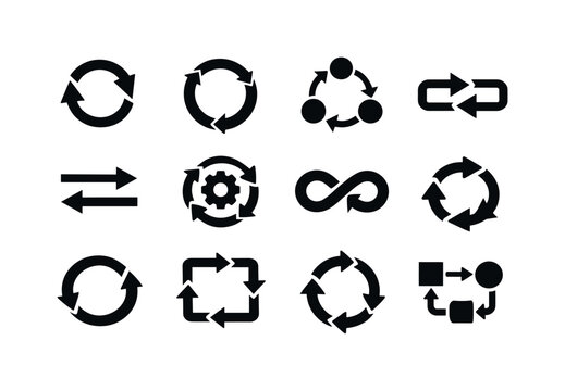 Feedback Loop Icons. Feedback Loop. Solid icon set of Feedback Loop: circular arrows system, cause effect loop, input output loop, closed feedback cycle,