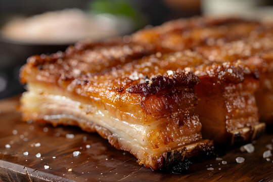 Close-up of crispy Colombian pork belly chicharr&oacute;n