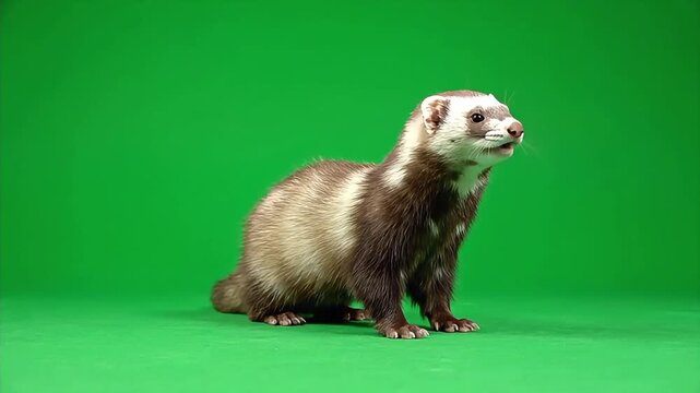 Adorable Domestic Ferret Sniffing and Looking Around on Green Background