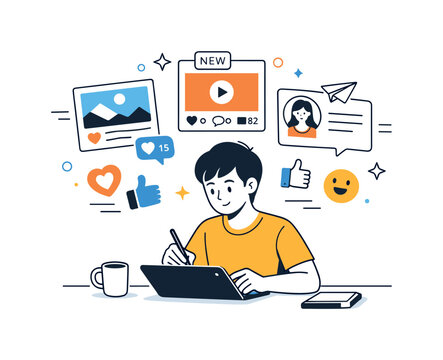 Social Media Design. Creating for social platforms. Person designing or editing visuals on a tablet with social media interface elements hovering above?posts,
