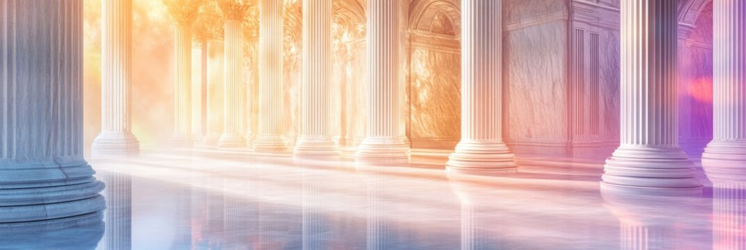 A long hallway with pillars and a rainbow in the background