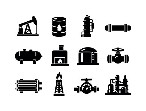Crude Oil Icons. Crude Oil Processing. Solid icon set of Crude Oil Processing: oil pumpjack, crude barrel, distillation column, pipeline, separator vessel,