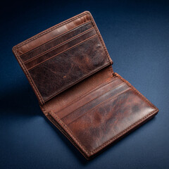 Brown leather wallet open and displayed in top down view showing multiple card slots and textured surface with natural wear
